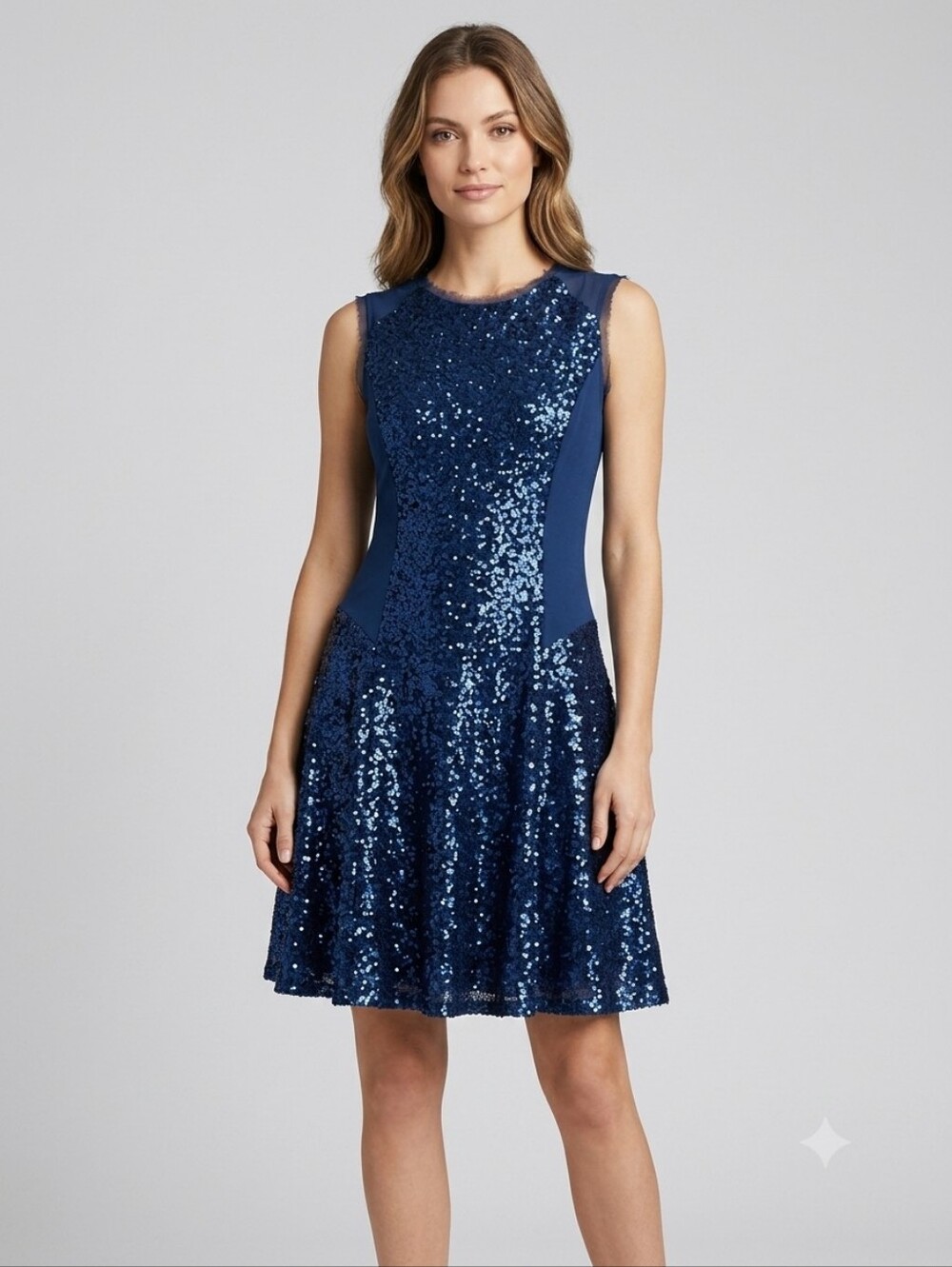 RACHEL Rachel Roy Navy Blue Sequin Dress Sheer Side Insets Size 10 Fit & Flare